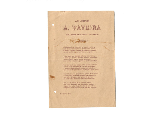 AP04LT51 – [DEDICATÓRIA] AO ACTOR A. TAVEIRA (EM A NOITE DA SUA FESTA ARTÍSTICA). 1894