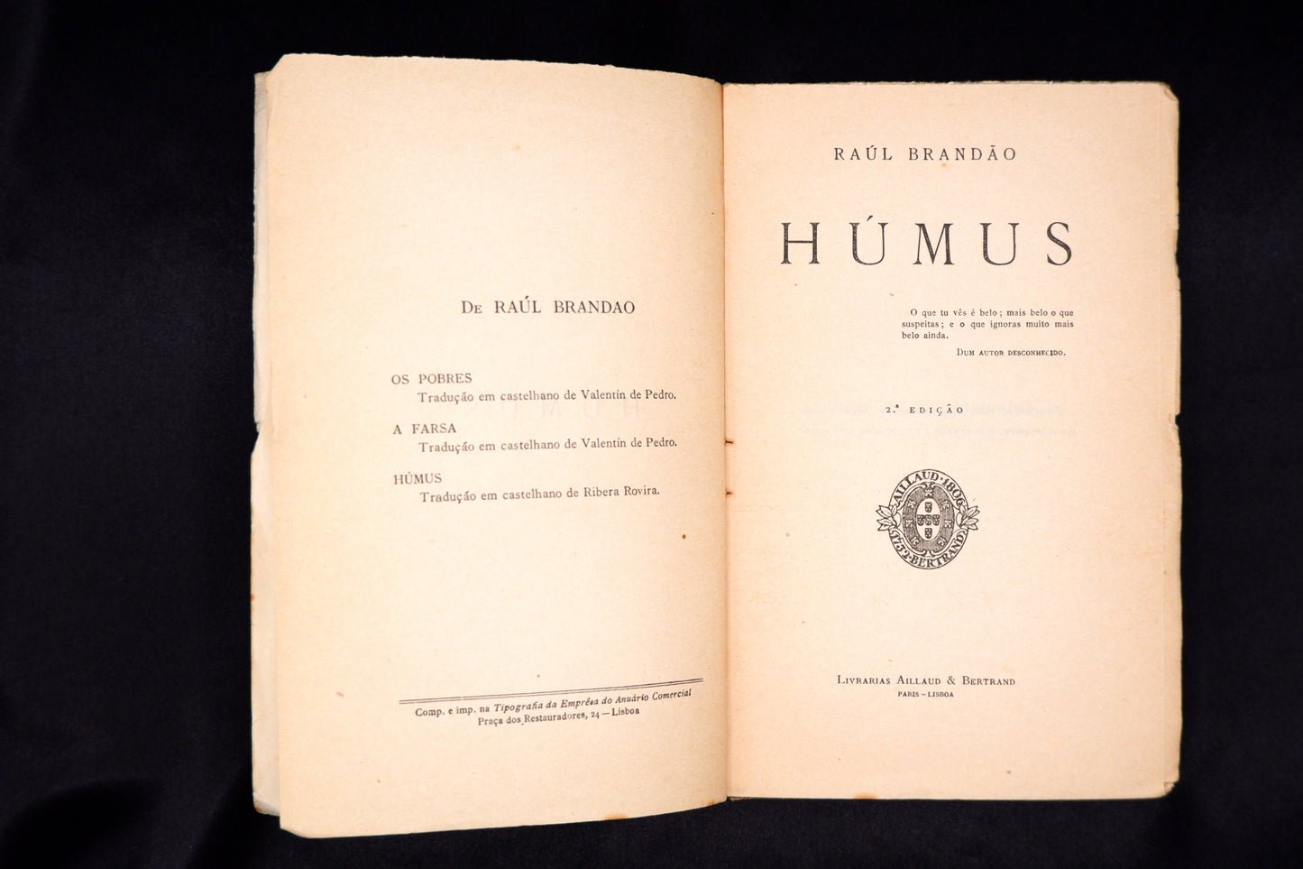 AS04LT79 – Brandão, Raul – Húmus. Paris - Lisboa. Livrarias Aillaud & Bertrand. s.d.