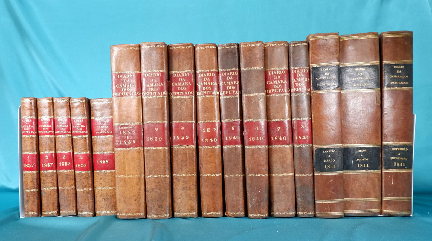 AS07LT23 – [SETEMBRISMO] 16 VOLS. DAS ACTAS DAS SESSÕES DAS CORTES GERAES E DIARIO DA CAMARA DOS DEPUTADOS (1837 a 1841). Lisboa. Imprensa Nacional. 1838-1841