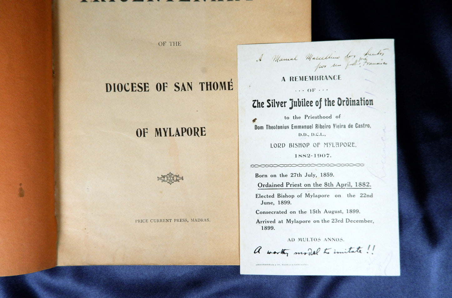 AS09LT08 – [ÍNDIA PORTUGUESA = PORTUGUESE INDIA] TRICENTENARY OF THE DIOCESE OF SAN THOMÉ DE MELIAPOR. Madras. Price Current Press. 1906