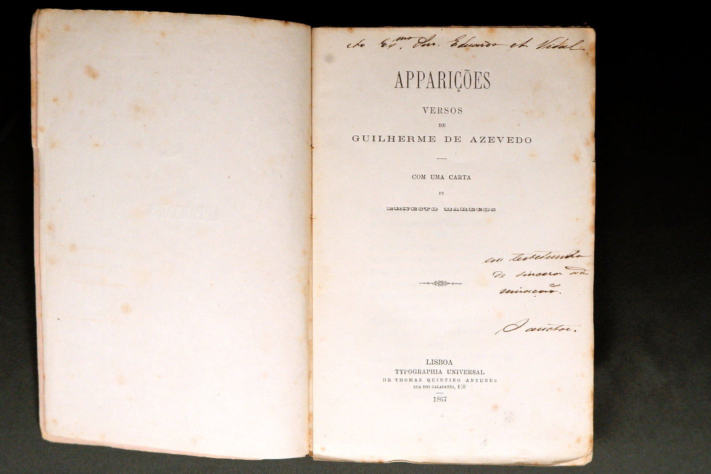 AS09LT39 – Azevedo, Guilherme de – APPARIÇÕES. Lisboa. Typographia Universal de Thomaz Quintino Antunes. 1867