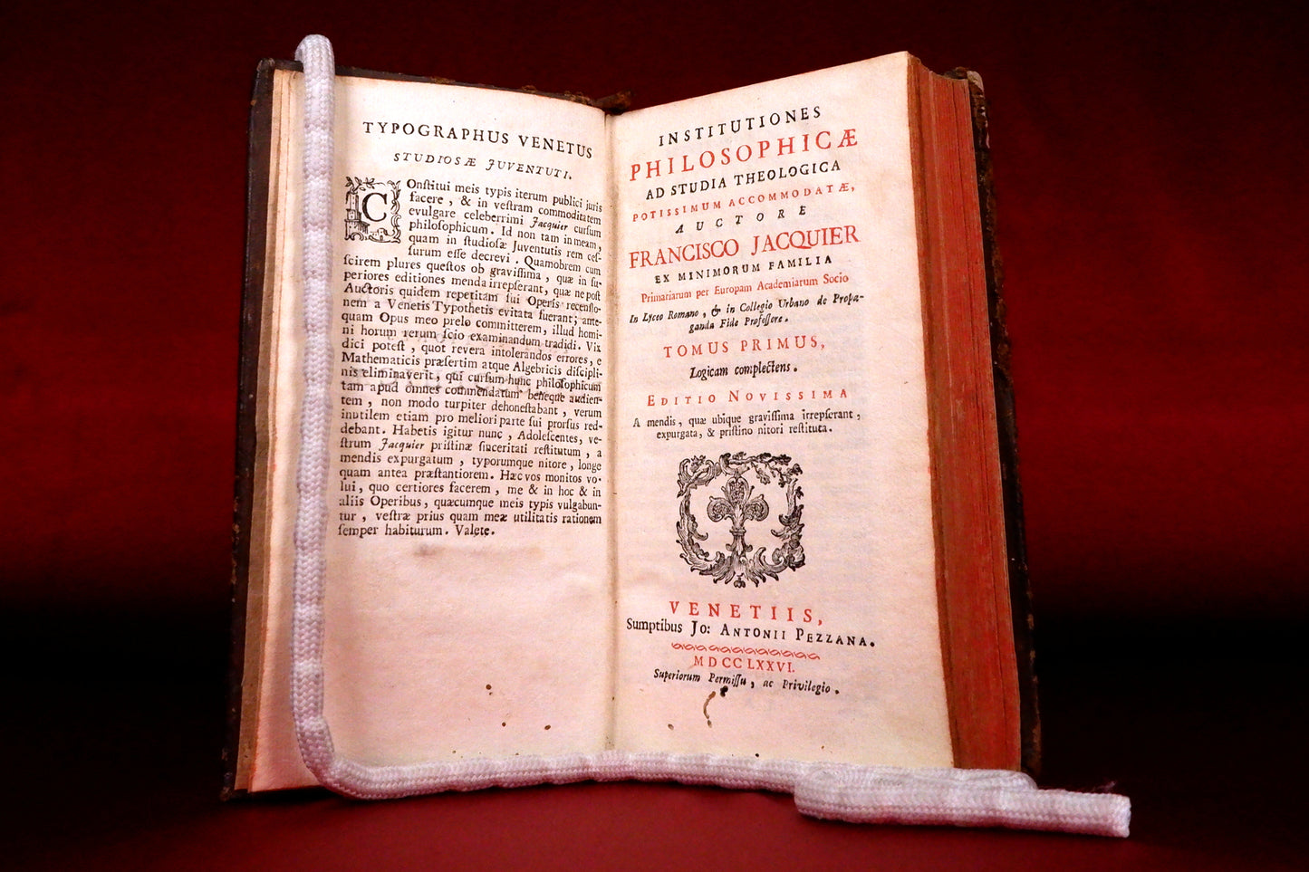 AS09LT96 – Jacquier, Francisco – INSTITUTIONES PHILOSOPHICÆ AD STUDIA THEOLOGICA POTISSIMUM ACCOMMODATÆ. 2 TOMOS [1]. Venetiis. Jo: Antonii Pezzana. 1776