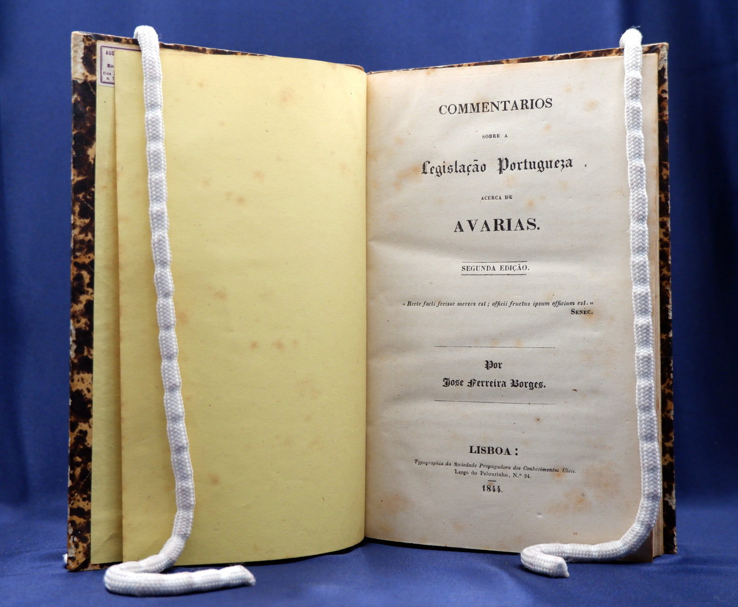 AS10LT51 – [MARINHA MERCANTE] Borges, José Ferreira – COMMENTARIOS SOBRE A LEGISLAÇÃO PORTUGUESA ACERCA DE AVARIAS. Lisboa. Typographia da Sociedade Propagadora dos Conhecimentos Uteis. 1844