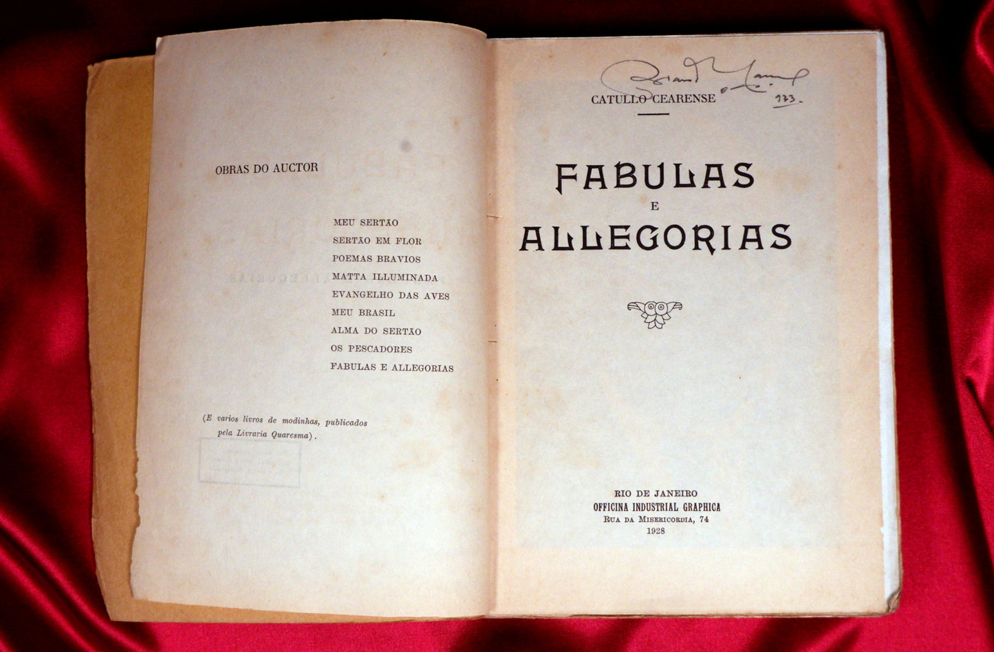 AS14LT21 – Cearense, Catullo – FABULAS E ALLEGORIAS. Rio de Janeiro. Officina Industrial Graphica. 1928