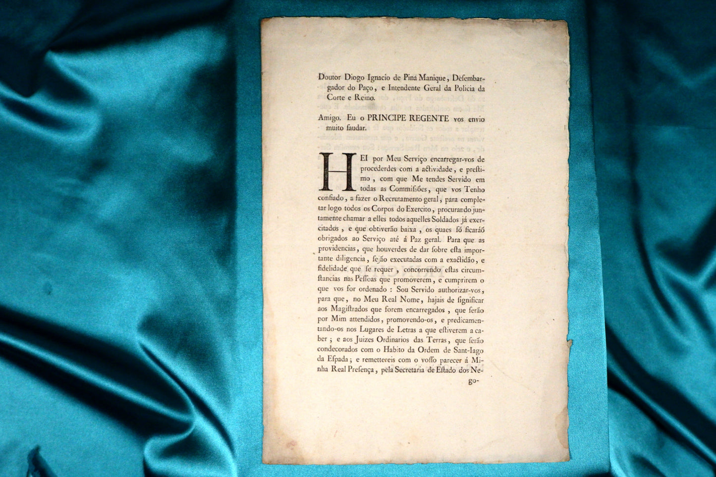 AS15LT15 – ALVARÁ – DIOGO IGNACIO DE PINA MANIQUE: ATRIBUIÇÃO DAS ORDENS DE CRISTO E DE SANTIAGO. Firmado no Palácio de Queluz. Regia Officina Typografica. 1801