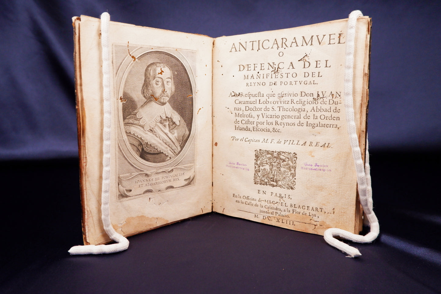 AS18LT08 – Villareal, M. F. de (Capitan) – ANTICARAMUEL O DEFENÇA DEL MANIFESTO DEL REYNO DE PORTUGAL, &c. Paris. Officina de Miguel Blagueeart. 1643