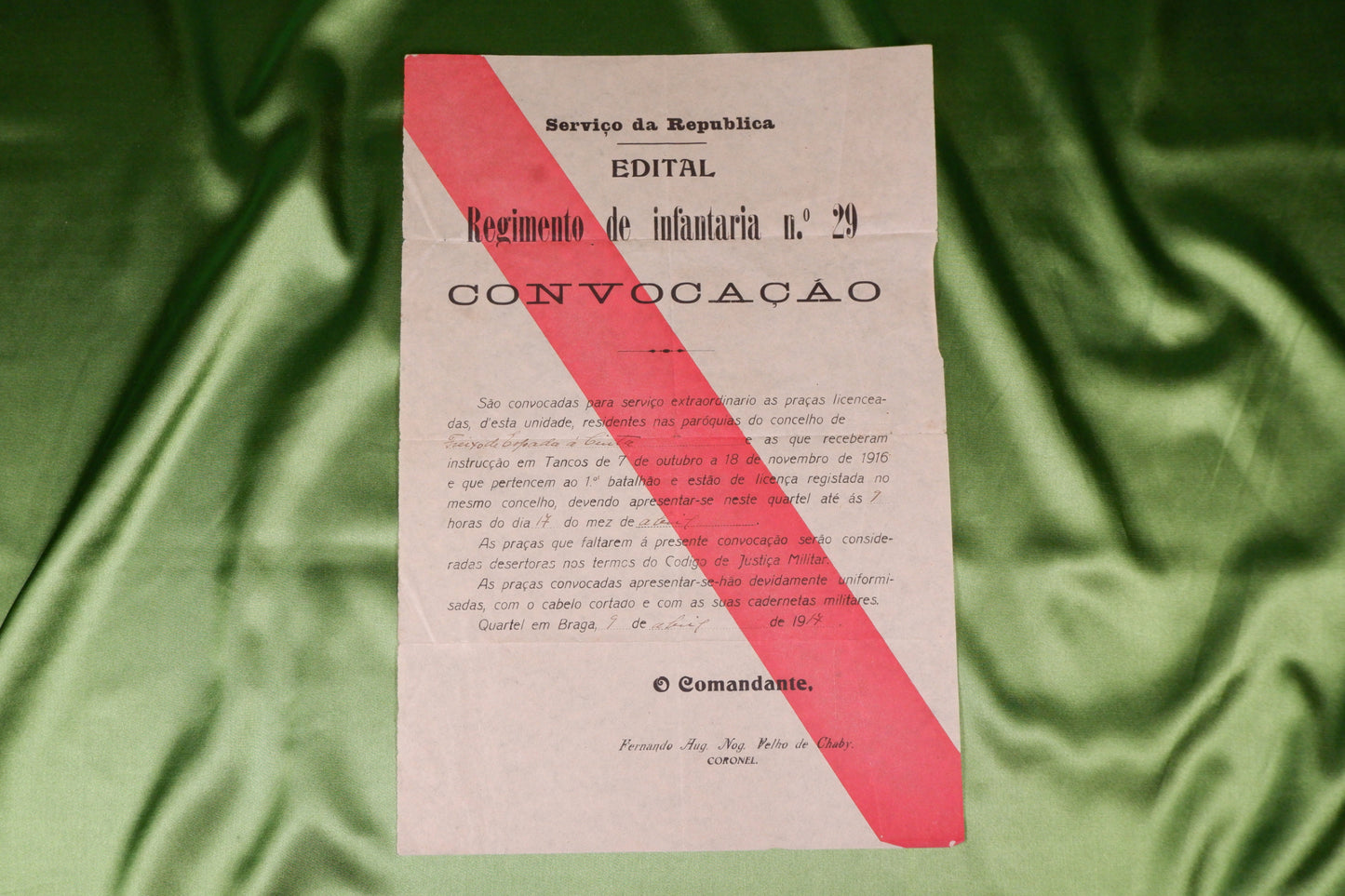 AS18LT11 – EDITAL. CONVOCAÇÃO: REGIMENTO DE INFANTARIA N.º 29. Braga. Serviço da Republica. 1917