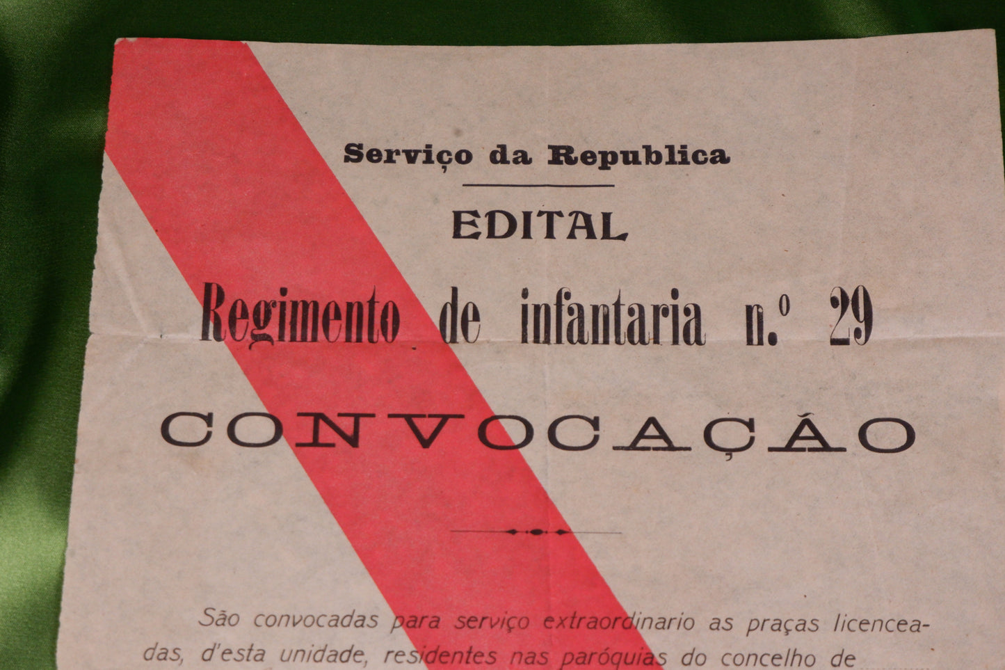 AS18LT11 – EDITAL. CONVOCAÇÃO: REGIMENTO DE INFANTARIA N.º 29. Braga. Serviço da Republica. 1917