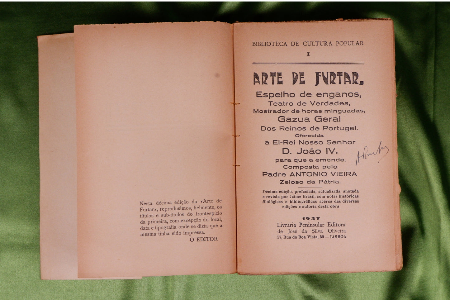 AS18LT49 – Vieira, Padre António [alias Costa, Manuel da] – ARTE DE FURTAR. Lisboa. Livraria Peninsular Editora. 1937