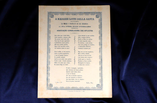 AS20LT55 – [ÓPERA; BULHÃO PATO] MADAME LOTTI DELLA SANTA POR OCCASIÃO DE CEDER O PRODUCTO DO SEU BENEFICIO A FAVOR DOS POBRES SOCCORRIDOS PELA ASSOCIAÇÃO CONSOLADORA DOS AFFLICTOS. Lisboa. Typ. Franco-Portugueza. 1863